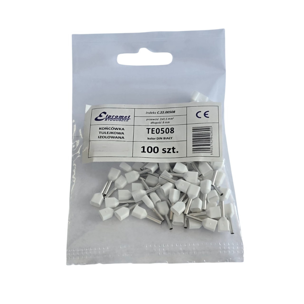 Końcówka tulejkowa 2x0,5/8 (100szt.) podwójna biała "PD" TE0508 C.22.00508
