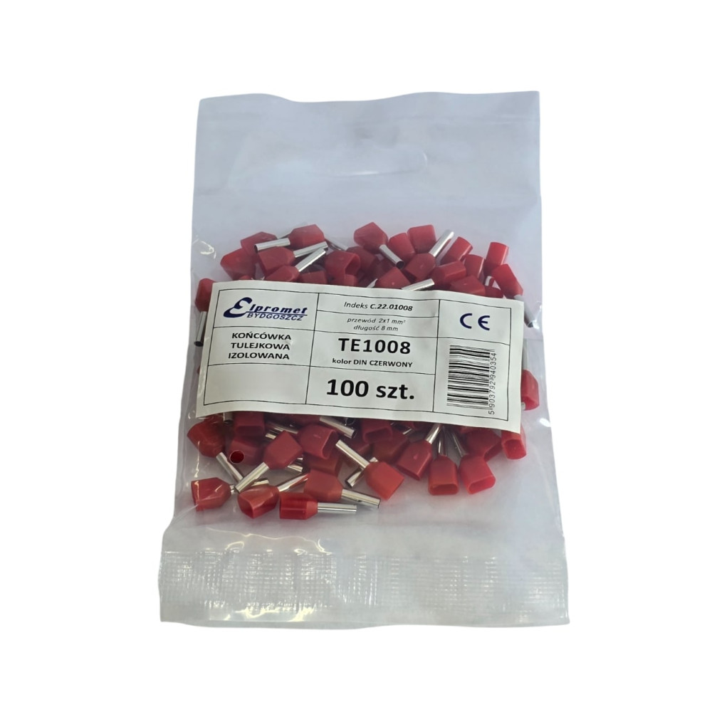 Końcówka tulejkowa 2x1/8 (100szt.) podwójna czerwona "PD" TE1008 C.22.01008